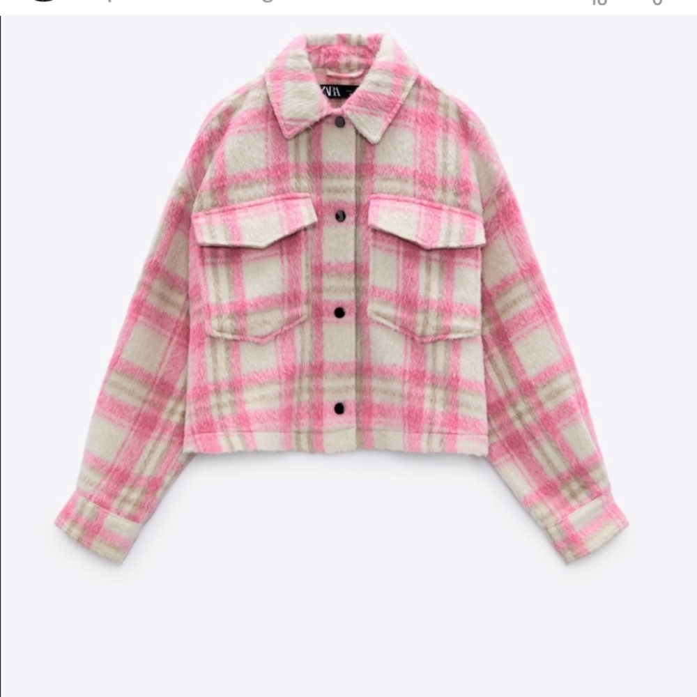 Zara Pink and White Plaid Wool-Blend Cropped Jacket - Picture 2 of 5